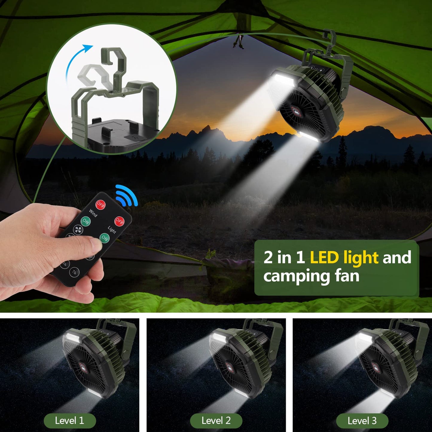 ZWOOS USB Camping Fan, 10400mAh Rechargeable Table Wall/Quiet Fan with 4 Speed Levels Adjustable Table Fan with LED Light for Outdoor Picnics, Fishing