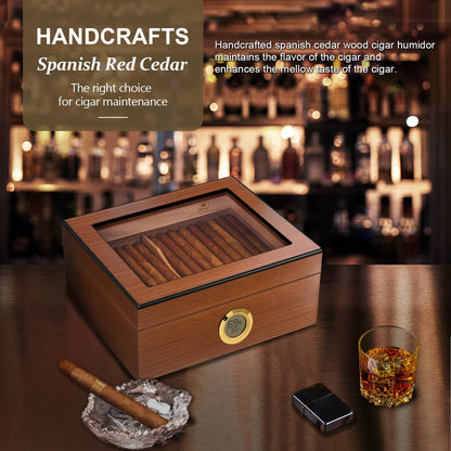 Slege Cigars Humidor, Humidor Cigars Spanish Cedar, with Digital Hygrometer, INOX Cigars Humidifier, Divider, Cuban Cigars Accessories, Gift for Men, German Manual (Brown)