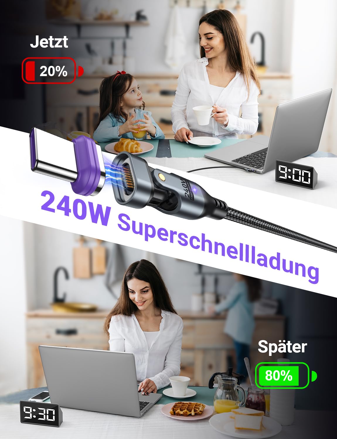 AUFU 240W magnetic charging cable USB C [2pcs 1.8m] 16PIN magnetic charging cable Super-fast charging Magnetic USB C cable 48V/5A Quick charge and data transfer for Phone 15/Samsung S22/MaBook