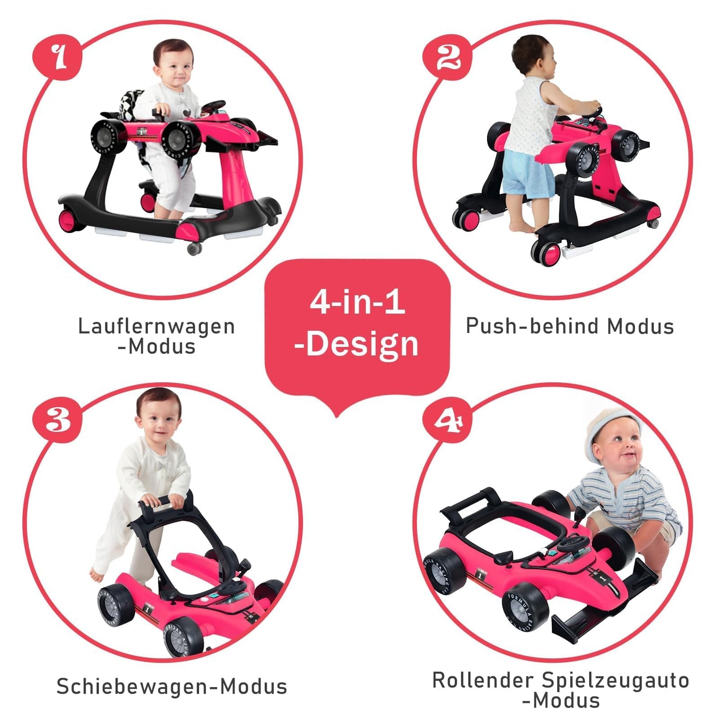 COSTWAY 4 in 1 folding baby walker with adjustable height & speed, music box, lights & wheels, suitable for babies from 6 months, can support up to 12kg weight capacity. Available in pink color.