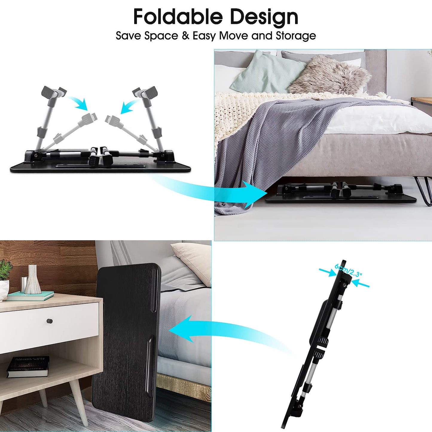 AirOpen laptop desk for bed, height adjustable, angle adjustable, folding bed table with drawer, tablet stand, laptop table for bed, sofa, couch, floor (53 x 30 cm, black)
