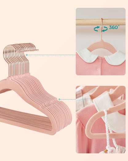 SONGMICS Kids Velvet Hangers, Set of 50 Baby Hangers with 360° Rotatable Hook in Rose Gold, Space-Saving and Non-Slip, for Closet Organization, Pastel Pink CRF027P01