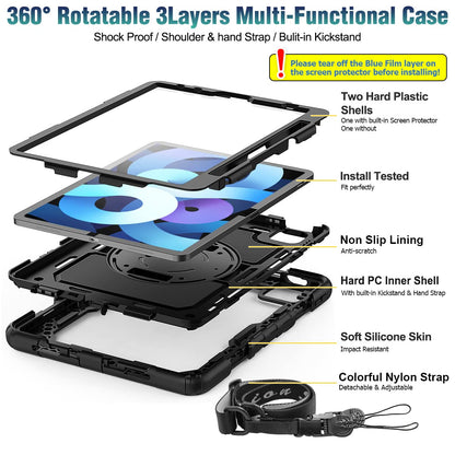 SEYMAC stock case for iPad Air 5th/4th generation 10.9 inch, shockproof protective cover with pencil holder, screen protector, 360° rotatable stand/hand strap, shoulder strap, black.