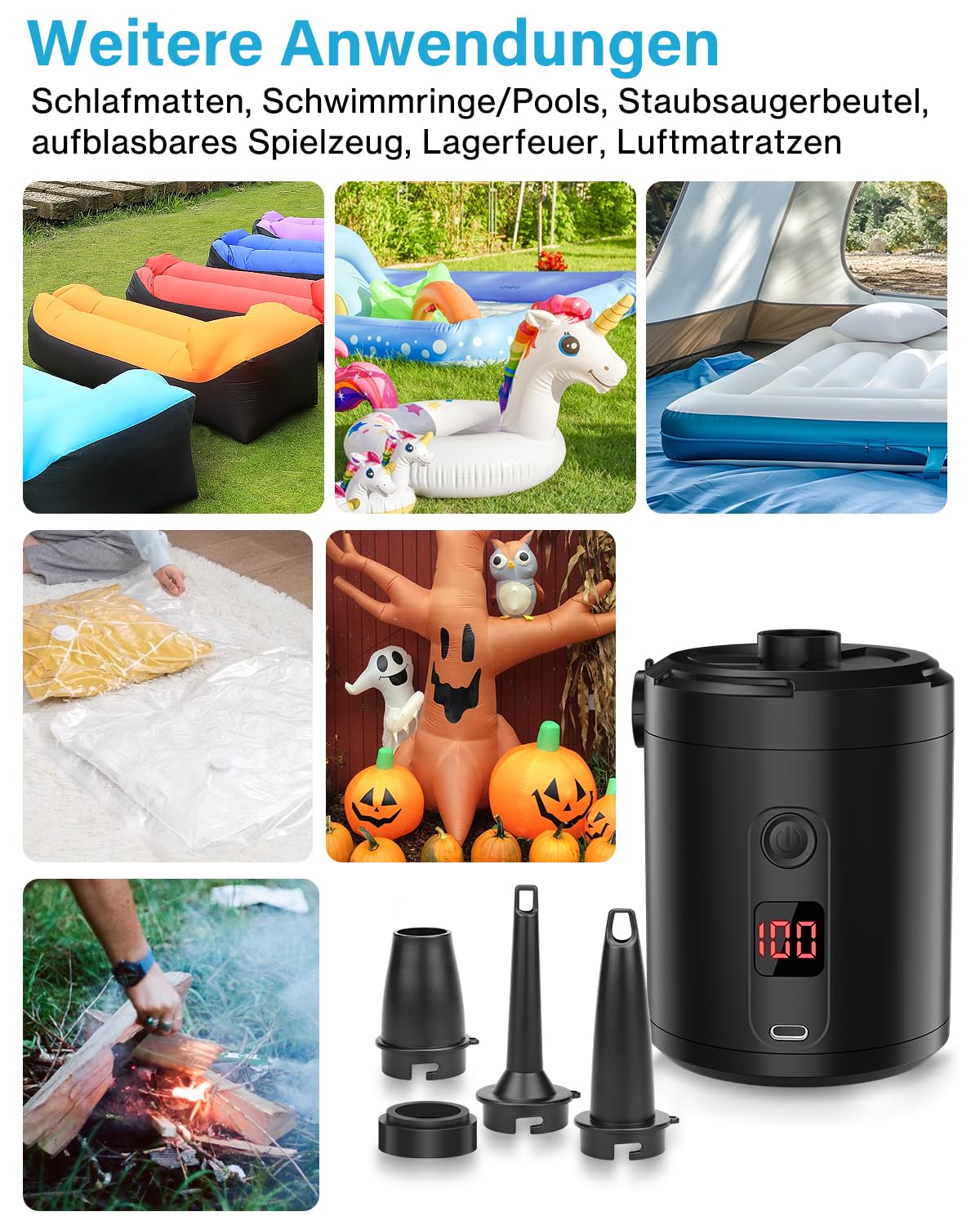 Electric air pump air mattress, Lytool battery air pump 5200mAh rechargeable with 3 air nozzles for mattress air mattress, camping, inflatable boat, kiddie pool, and swim ring