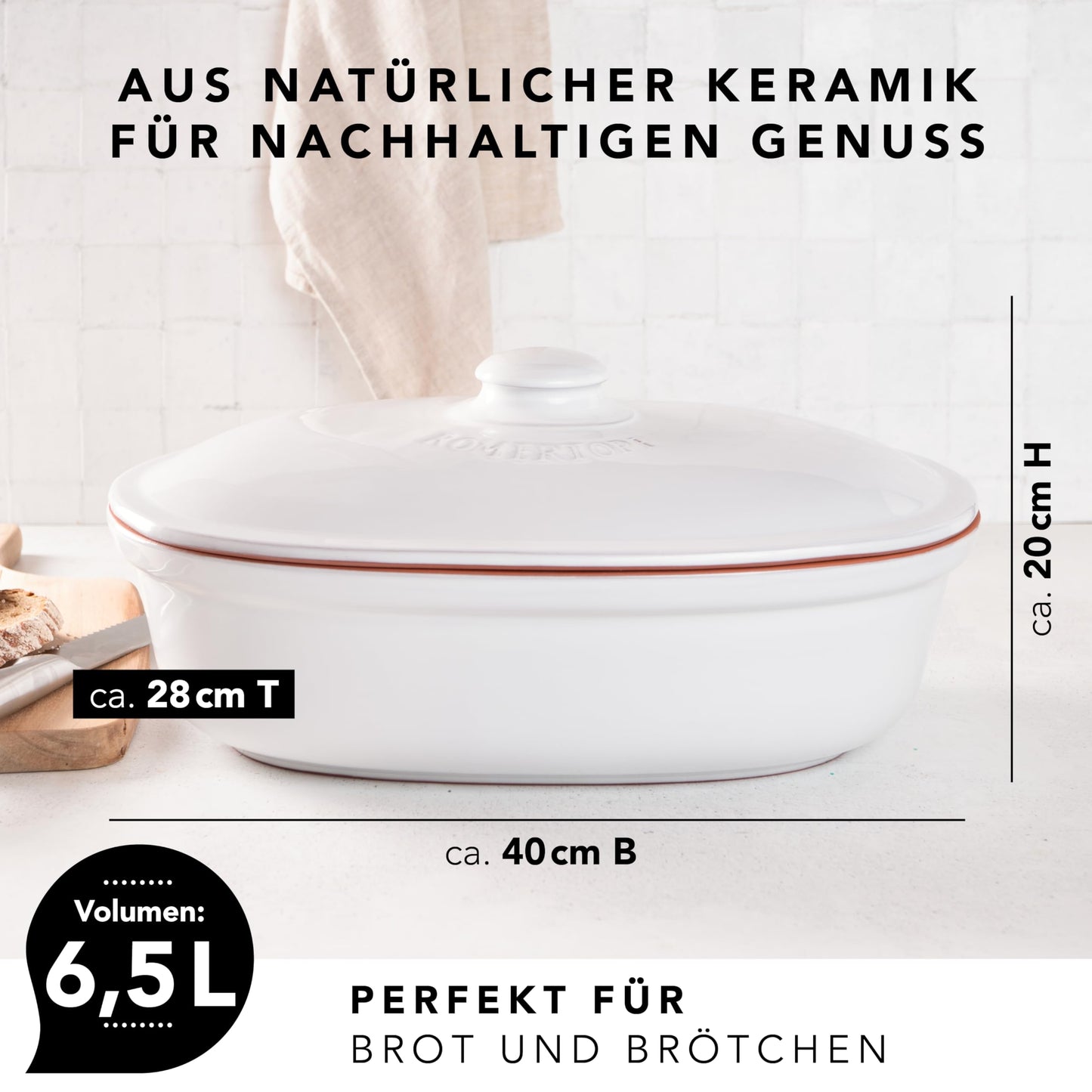 Roman pot bread pot white 6.5 liters - oval bread container made of natural ceramic with lid - for storing bread, rolls, fruit & vegetables - breathable & dishwasher safe.