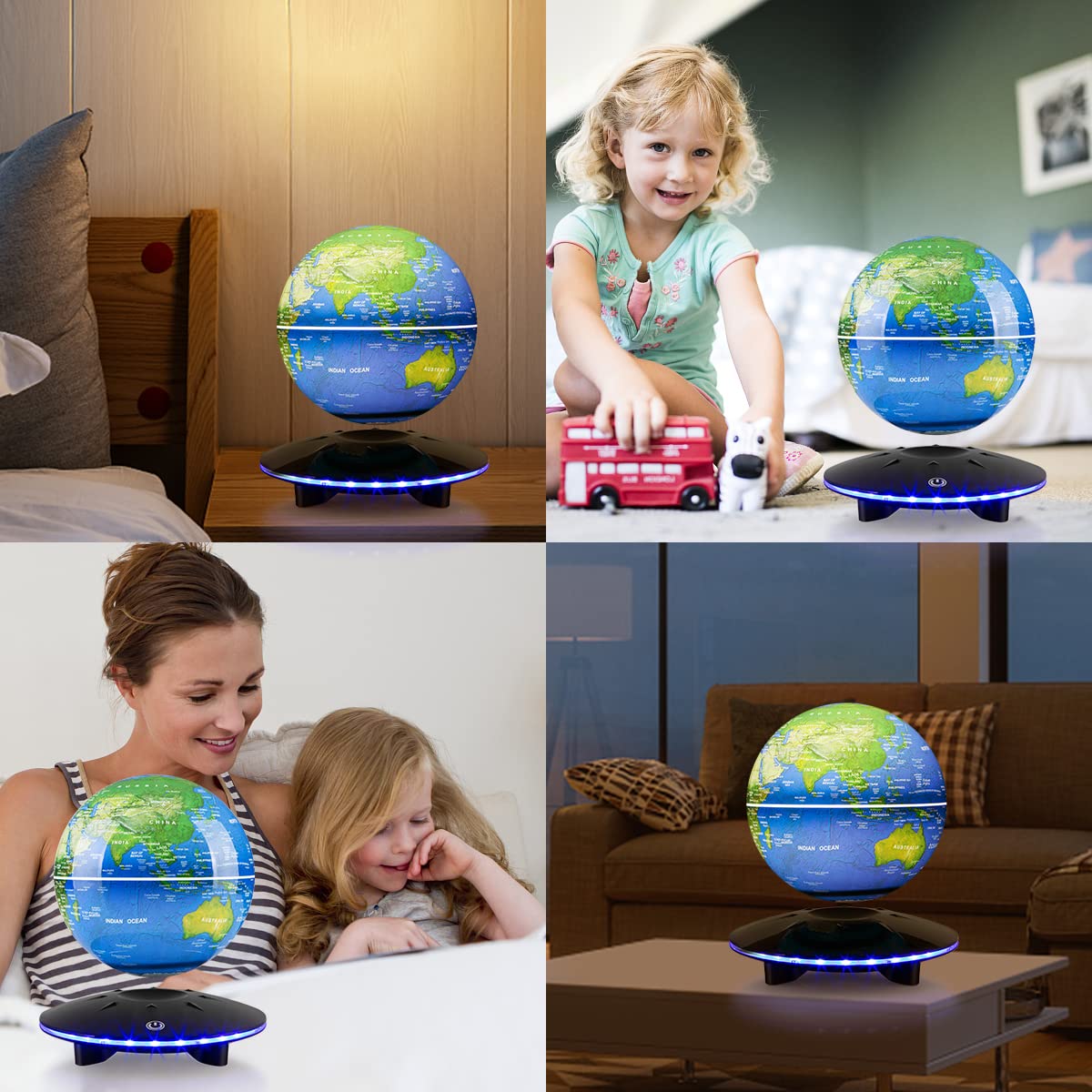 Levitating globe, magnetic levitation balls, automatically rotating floating world map globe with LED light for room office desk decoration, learning gift for children, night lights.