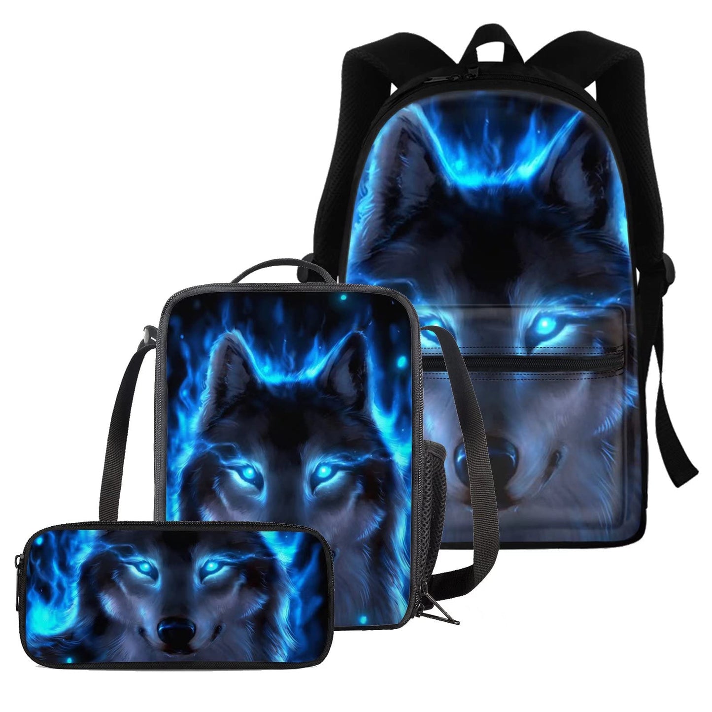 Chaqlin Neon Wolf Backpack Set for School, Animal Wolf Printed School Bags Boys Girls Bookbags Set with Pencil Case, Lunchbags Full Set 3 Pieces