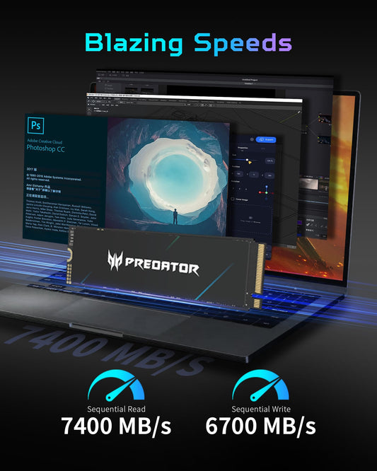 Acer Predator GM7000 Gaming SSD 2TB - up to 7400 MB/s read - M.2 2280 NVMe PCIe Gen4 with DRAM Cache, Internal Solid State Drive for Laptop & Desktop PC - PS5 Compatible