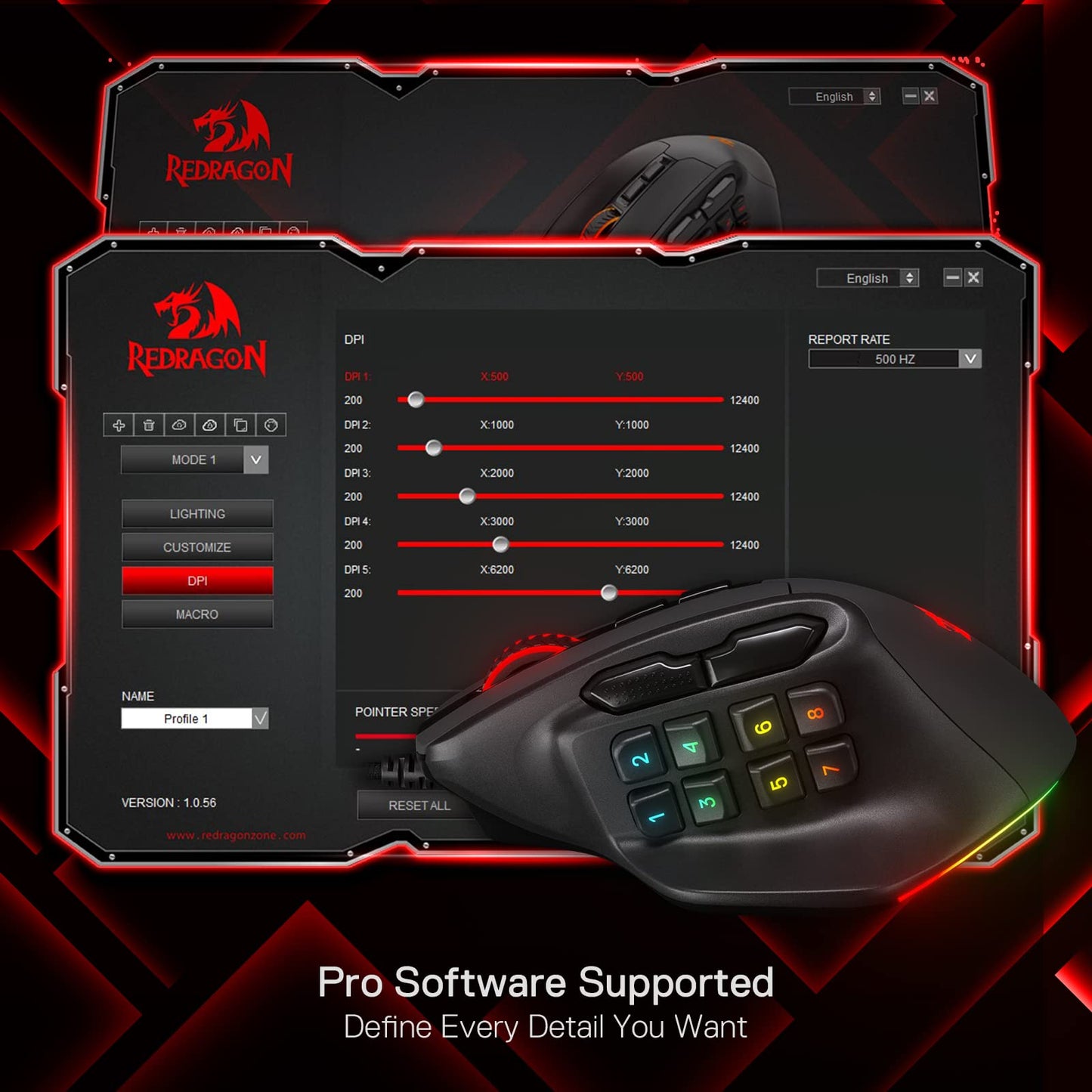 Redragon M811 Aatrox MMO Gaming Mouse, 15 programmable buttons wired RGB mouse with ergonomic grip, 10 side macro keys, software support & backlighting.