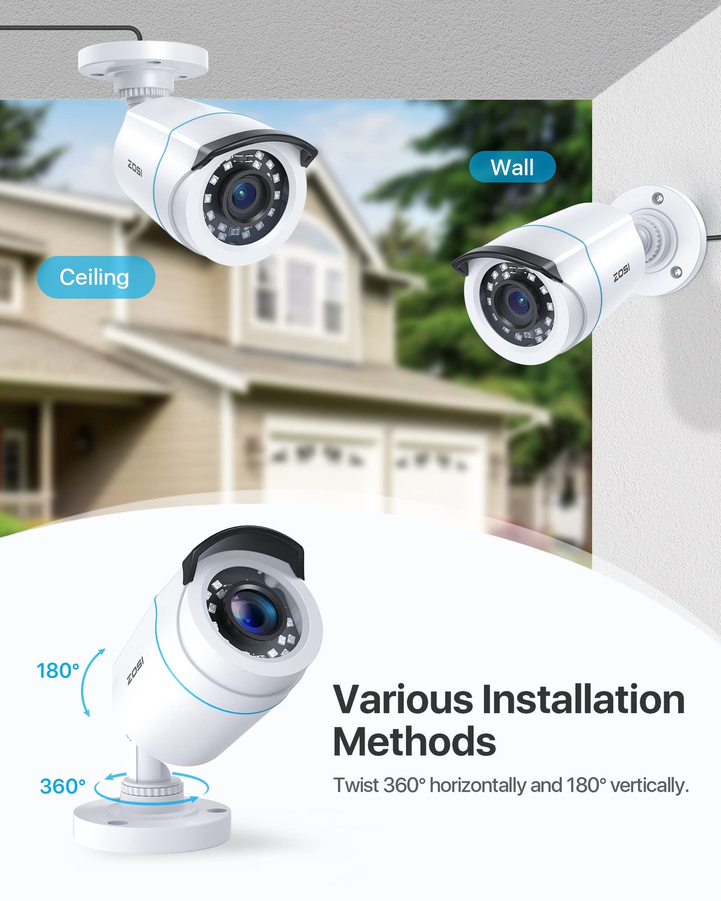 ZOSI 4-piece 2MP 1080P outdoor video surveillance camera set with power supply and video cable, 1080P TVI HD BNC output, for indoor and outdoor use, additional camera for CCTV DVR system.