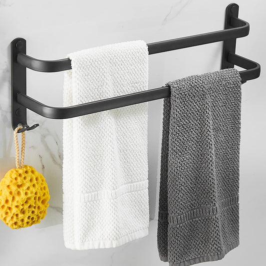 Bathroom towel holder, black matte towel rack with towel rods and hook design, wall-mounted towel holder, no drilling required (40cm, two bars)