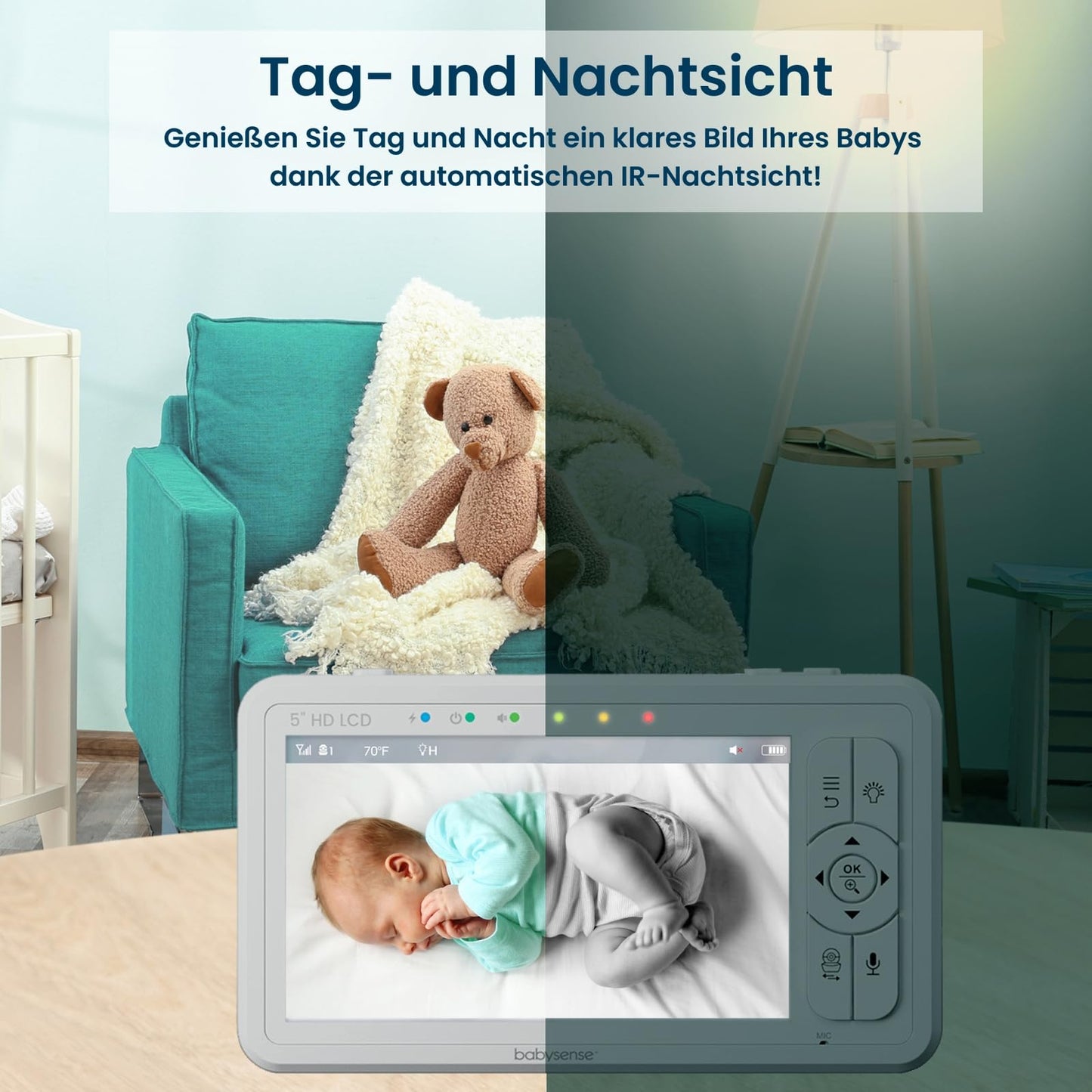 Babysense Baby Monitor HD 5 Inch with 2 Cameras, Video Baby Monitor without WiFi, Night Light, Lullabies, 300m Range, Two-Way Audio, 4x Zoom, 4000mAh Battery