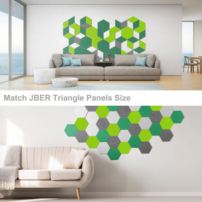 JBER Hexagon Acoustic Panels, Soundproof Interior, Sound Absorbing Panels, 35.6 x 30 x 1cm Beveled Edge High Density Wall Tiles, for Acoustic Treatment, (12 Pieces Green)