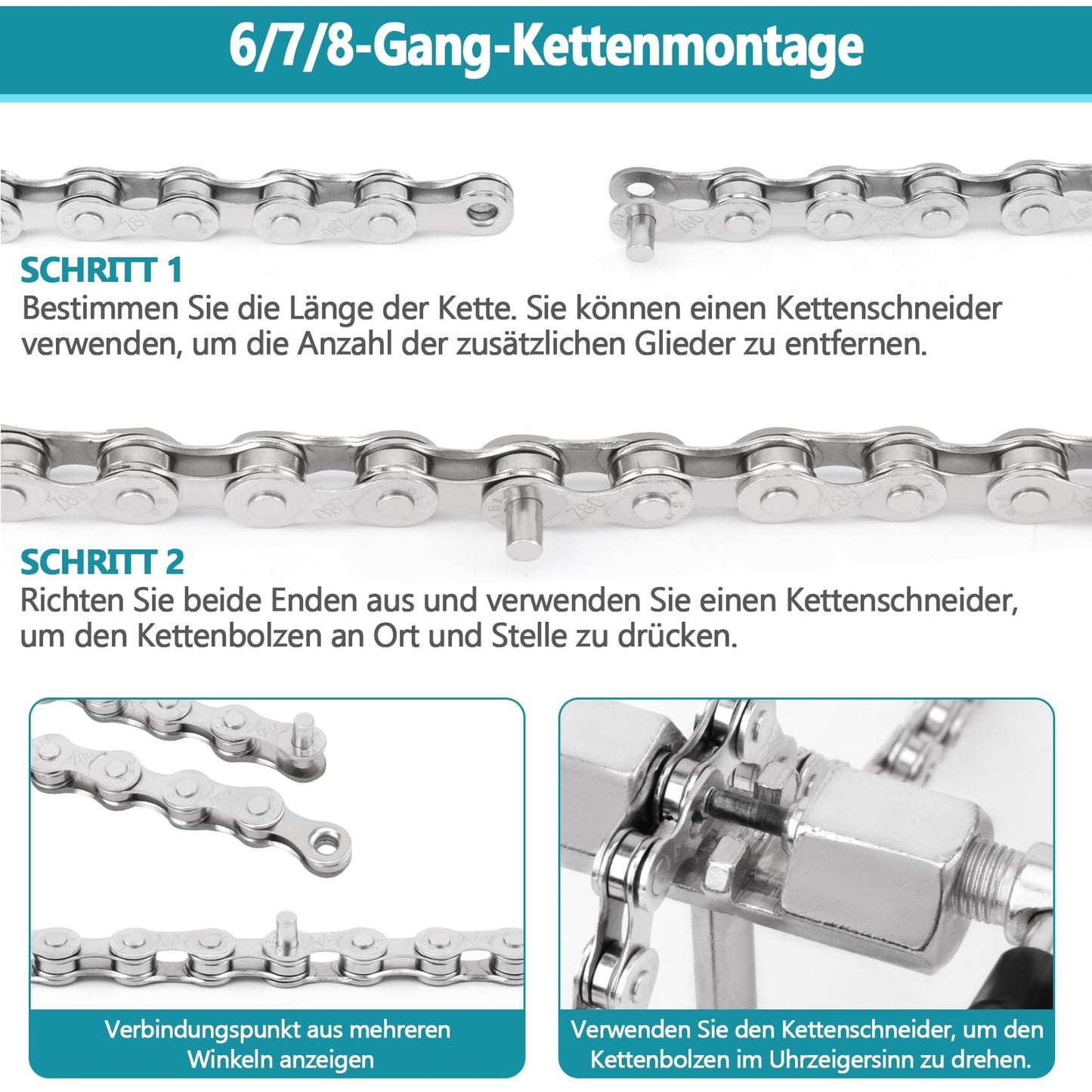 ROSE KULI Bike Chain - 6/7/8 Speed Bike Chain 1/2 x 3/32 Inch 116 Links, bike chain tool set with chain link pliers, chain breaker, and 4 pairs of chain links.