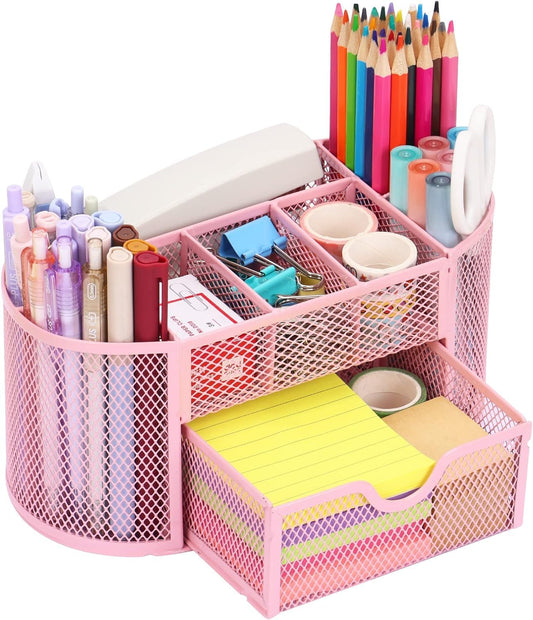 DHGKVK Desk Organizer, desk pen holder, Mesh Metal Desktop Office Organizer with 8 pen holders and 1 drawer, saves space at home, school, or office. (Pink)
