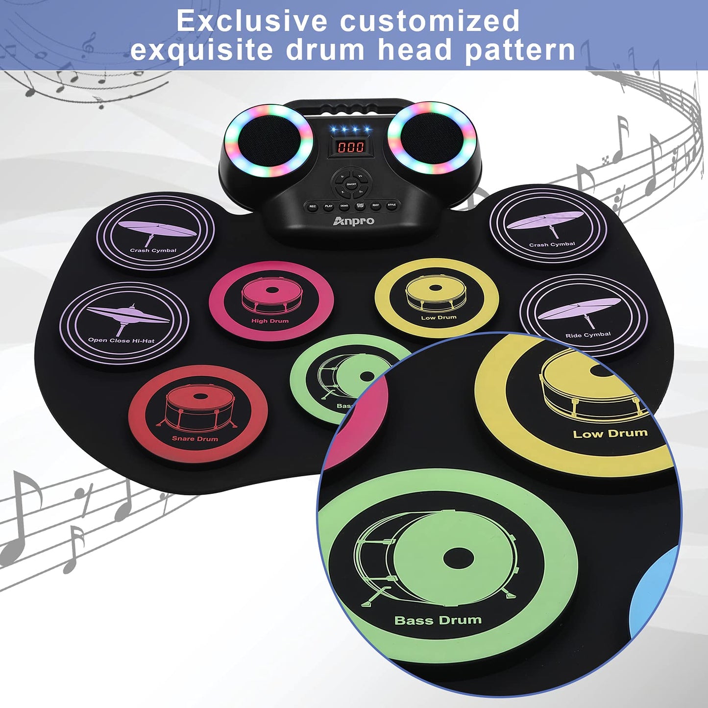 Anpro Nine-Sided Electronic Color Drum Kit, 8PCS Drum Practice Set, portable electric drum, built-in audio with headphone jack, LED color screen, Best Birthday Gift
