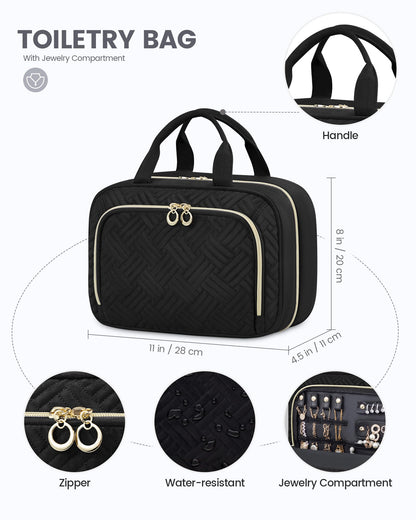 LOVEVOOK culture bag for women with separate jewelry compartment, waterproof hanging toiletry bag, foldable wash bag cosmetic bag large with 360° swivel hook, wash bag for women black
