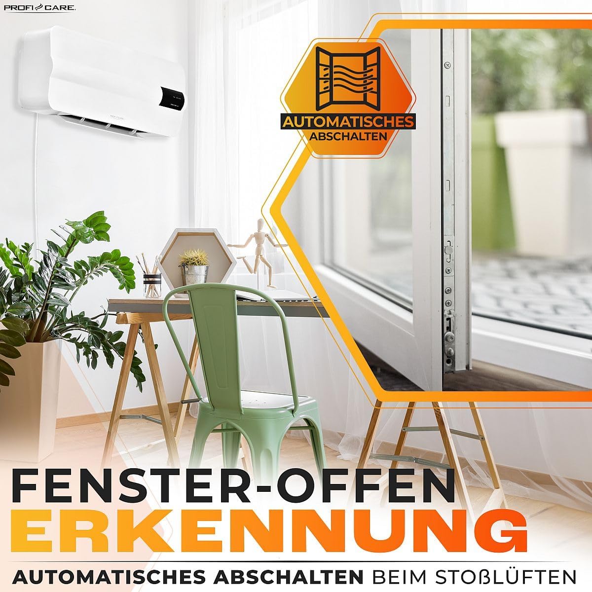 ProfiCare® wall fan heater with window open detection | Radiator for up to 60sqm | Electric heater for wall mounting including mounting material | Heater with 1.5m cable, remote control & timer | PC HL 3116
