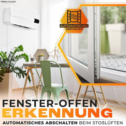 ProfiCare® wall fan heater with window open detection | Radiator for up to 60sqm | Electric heater for wall mounting including mounting material | Heater with 1.5m cable, remote control & timer | PC HL 3116