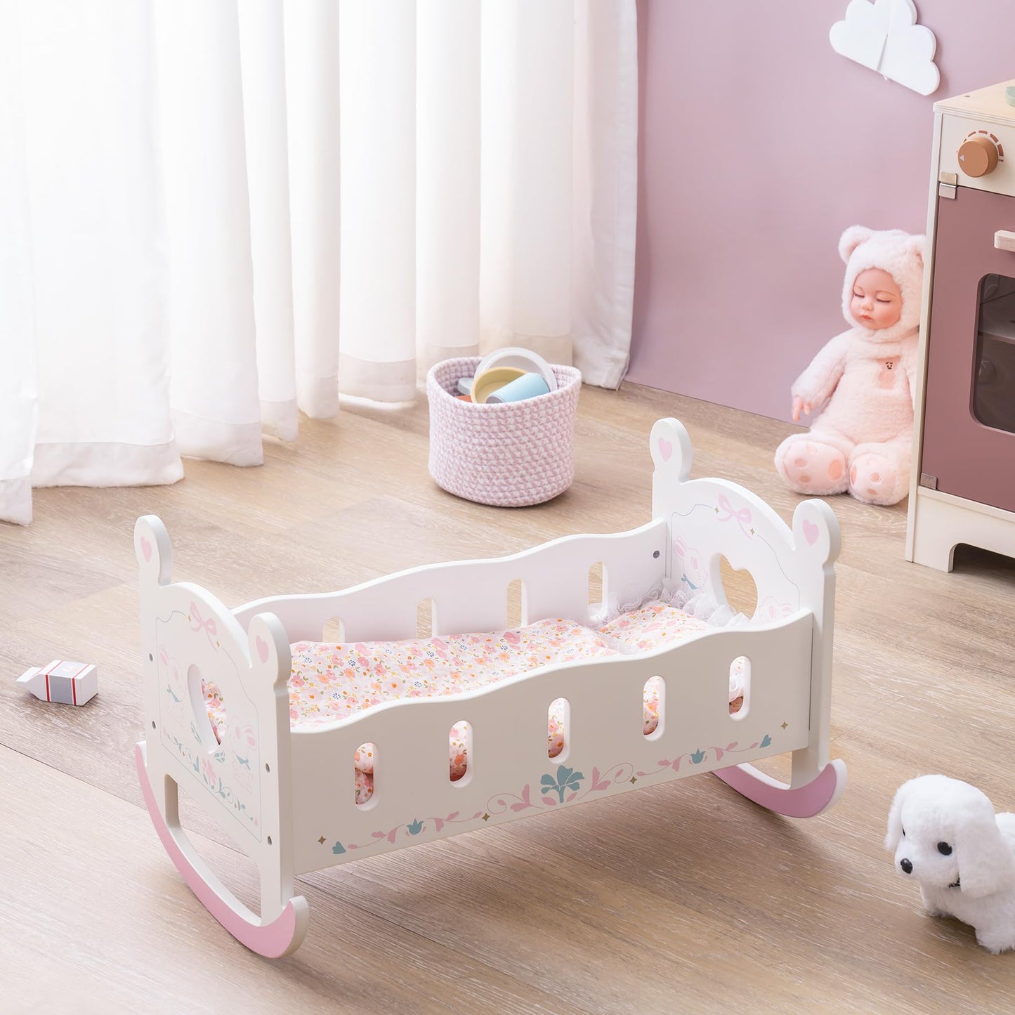 ROBUD wooden doll bed for 45cm dolls, doll cradle with pillow and blanket, suitable for children aged 3 years and up.
