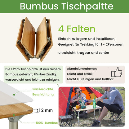 KingCamp Bamboo Camping Table Adjustable Folding Table for 1-2 People, Foldable Camping Table with 4 Folds and Carry Bag, Supports up to 80 kg, 60 x 40 cm, S-sized.