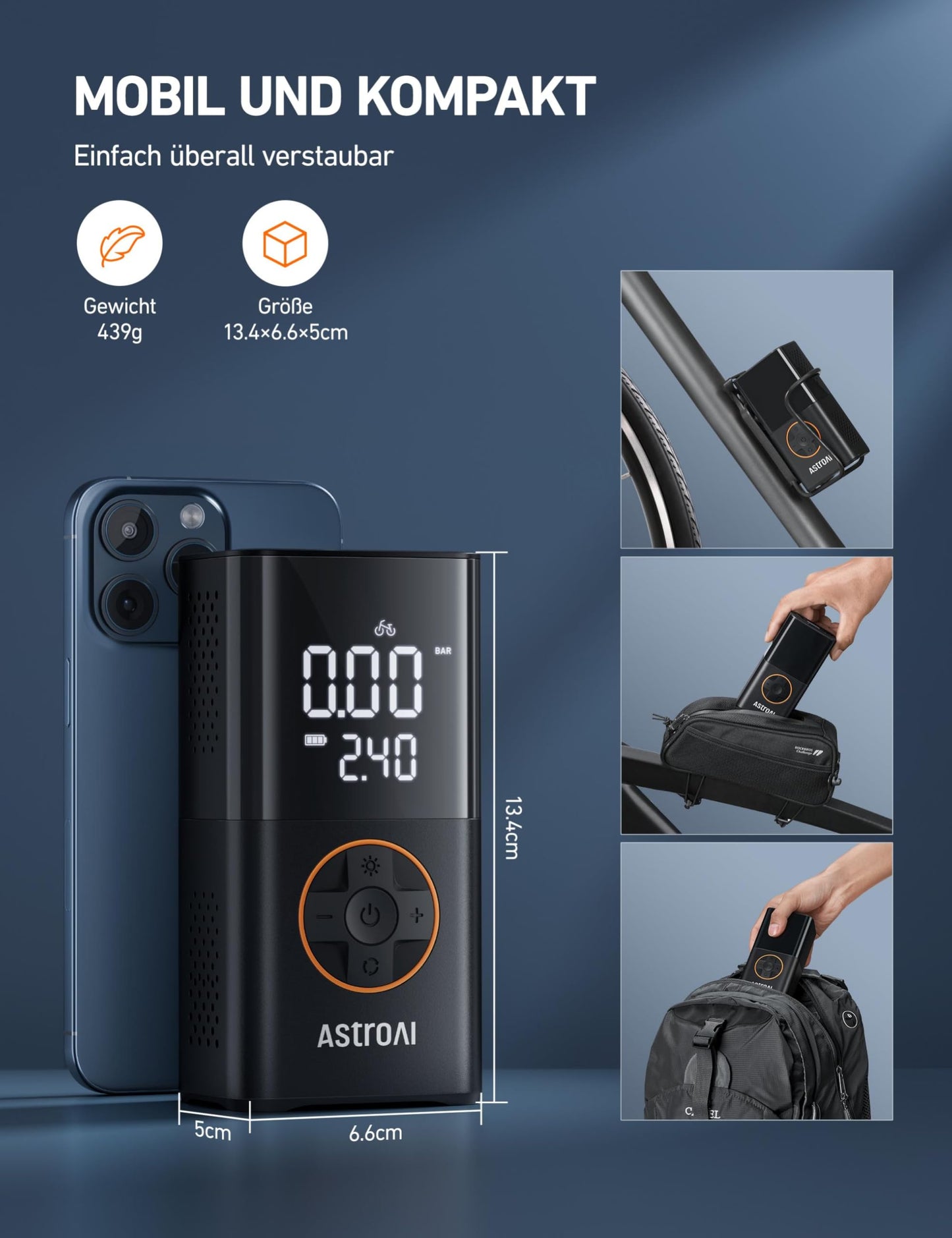 AstroAI Wireless Electric Air Pump, Portable Battery Bike Pump with all valves, LED light, Rechargeable Tire Pump for Bike, E-bike, Car, Motorcycle, Balls, Black