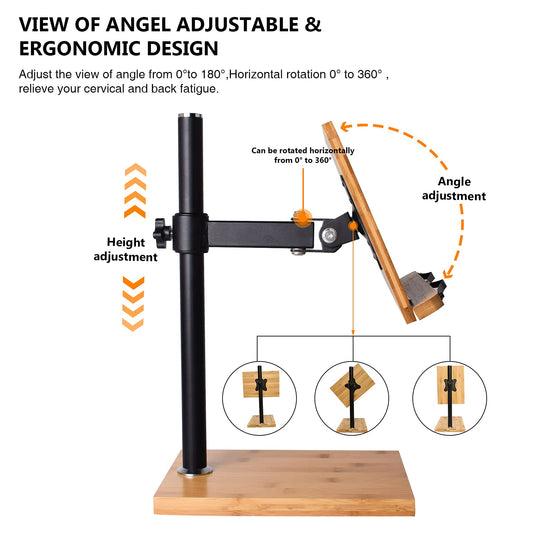 Wishacc book stand adjustable - upright bamboo book stand & holder for reading desk, adjustable reading height and angle with page clips (27.9 x 20.6 cm)