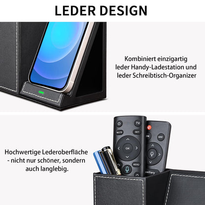 LADSTAG pen holder desk organizer with inductive charging station, office supplies 10W wireless charger for iPhone 14 13 12 11 Pro Max and Samsung Galaxy S23/S22/S21/S20/S9 (Black)