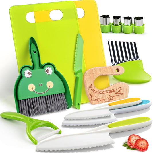 Children's Knife - 14 piece children's safety kitchen knife for real cooking with wooden knife, children's knife, cutting board, peeler etc. | Knives for children from 2 years old, Montessori knife, children's cooking set