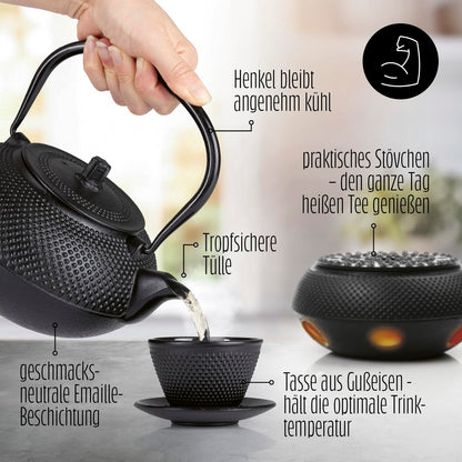 Lumaland 12-piece tea set | 1.4 liter cast iron teapot Tetsubin | cast iron warmer | 4 tea cups & 4 coasters | Japanese tea set includes bamboo measuring spoon & stainless steel sieve