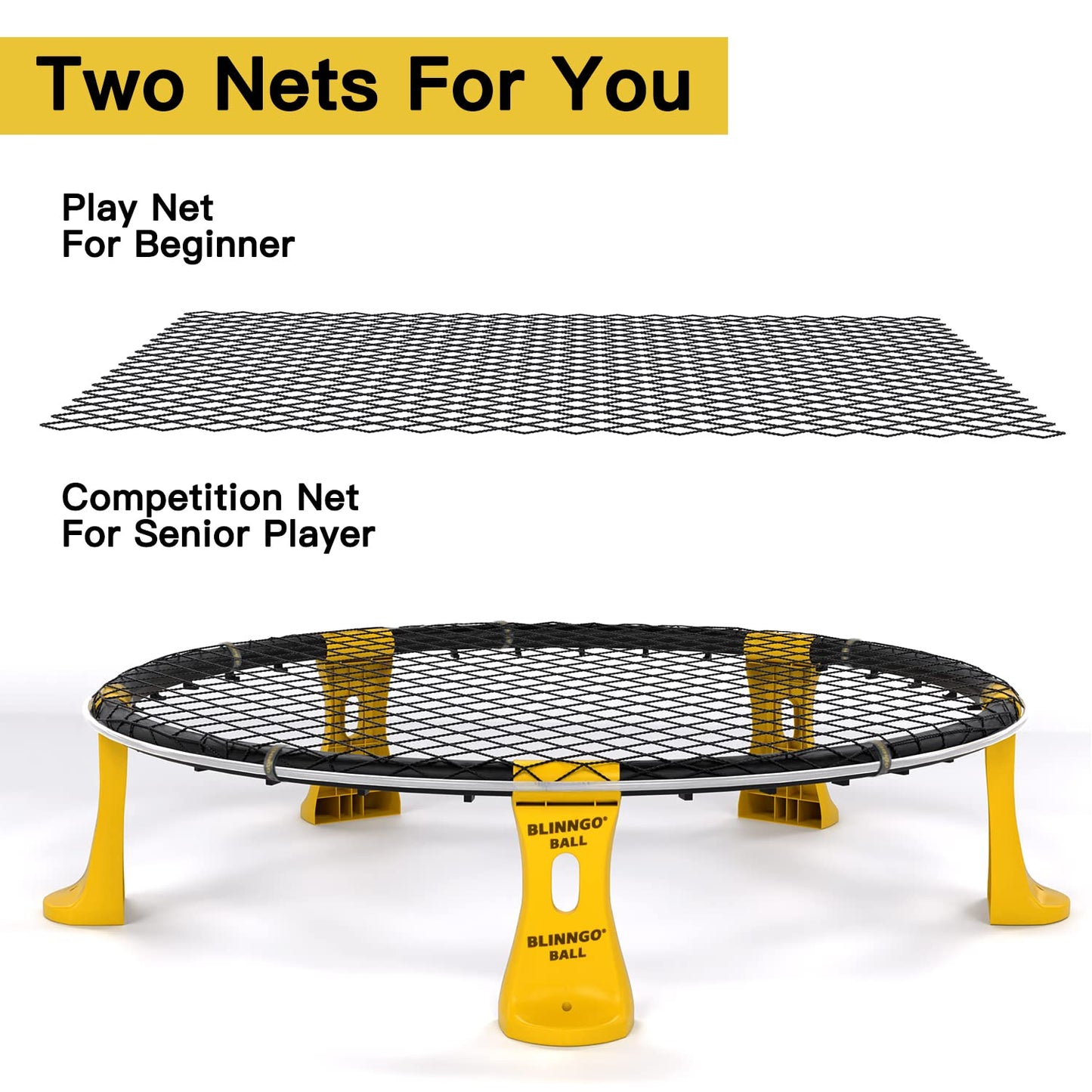 Mookis Blinngoball Outdoor Roundnet Game Set, includes game net, 3 balls, drawstring bag, ball pump with 1 needle, and instruction manual and more.