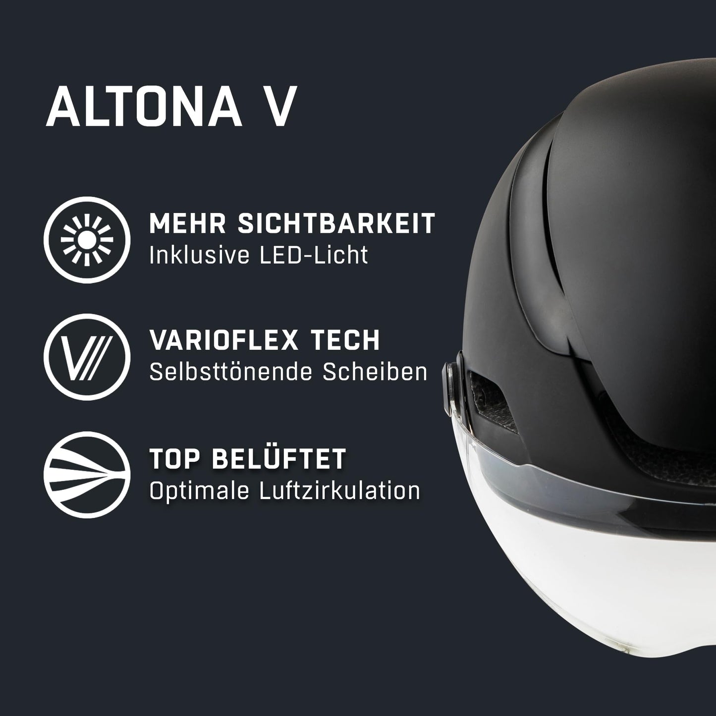Alpina Altona V - Extremely Lightweight, Illuminated & Ventilated Bike Helmet with Self-Tinting Visor for Adults, Black-Stealth matt, 52-57 cm