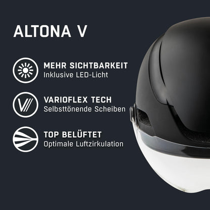Alpina Altona V - Extremely Lightweight, Illuminated & Ventilated Bike Helmet with Self-Tinting Visor for Adults, Black-Stealth matt, 52-57 cm