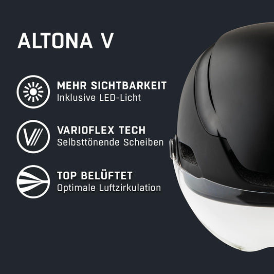 Alpina Altona V - Extremely Lightweight, Illuminated & Ventilated Bike Helmet with Self-Tinting Visor for Adults, Black-Stealth matt, 52-57 cm