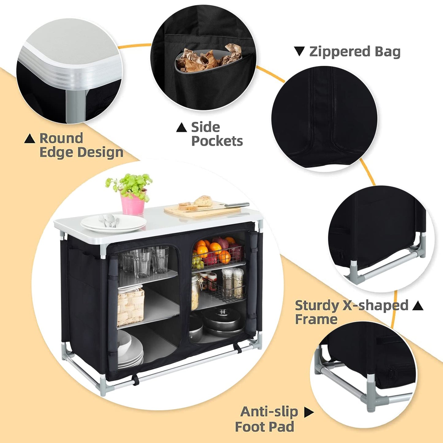 Warmiehomy Camping Kitchen Cabinet Foldable, Portable Camping Cabinet with Aluminum Frame & 1 Double Compartment, Mobile Outdoor Camping Kitchen Table for Picnic, Travel, Beach, Black, 100×50×80 cm