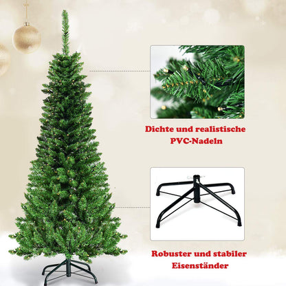 COSTWAY 135/200/225cm pencil Christmas tree with warm white LED lights, artificial fir tree with folding system and metal stand, PVC needles, green artificial Christmas tree (135cm)