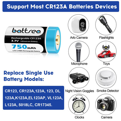 Battsea 123A rechargeable lithium battery 8 pack 750mAh with quick charger 123 for Compatible with Arlo camera VMC3030 VMK3200 VMS3330 VMS3330 VMS3330 flashlights microphone smoke detector