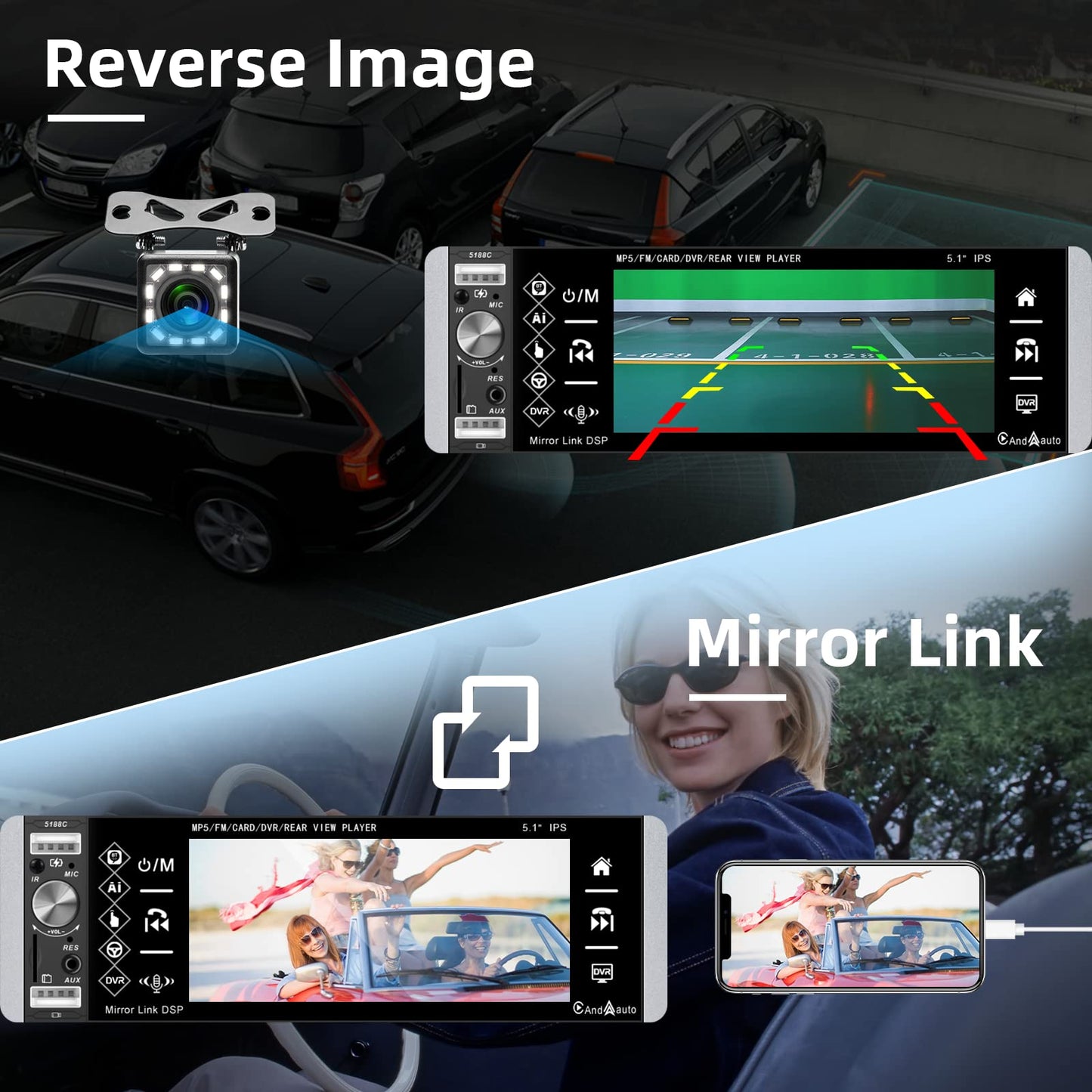 Podofo car stereo 1Din Carplay Android Auto Bluetooth Radio with 5.1'' IPS screen 2 USB/microphone/AUX/FM steering wheel control Mirror Link with rear view camera
