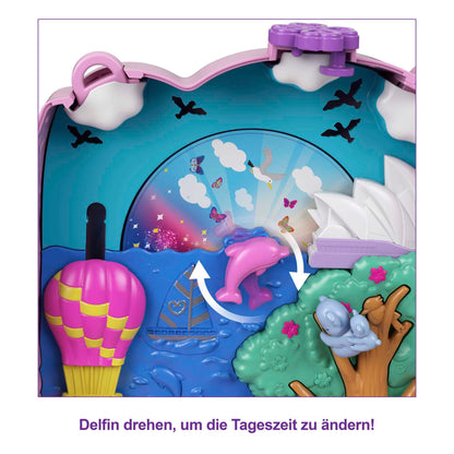 Polly Pocket carrying case, Koala Bear in animal adventure theme, includes 2 dolls, 5 animals, and 1 car, interactive features for immersive play, toy for ages 4 and up, GXC95.