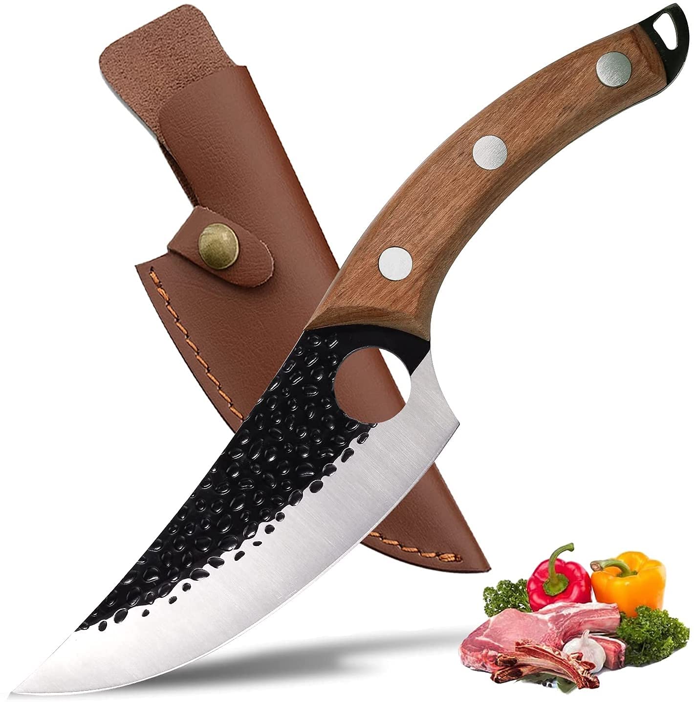 ZQD 6-inch Japanese knife with leather sheath, forged chef's knife kitchen knife with finger hole wooden handle, sharp boning knife outdoor cleaver for vegetables and meat.