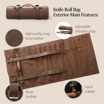XINZUO knife bag, chef knife case, 12 slots, 16oz waxed canvas and Crazy Horse leather, can hold kitchen tools, portable knife tool bag roll bag (bag only)