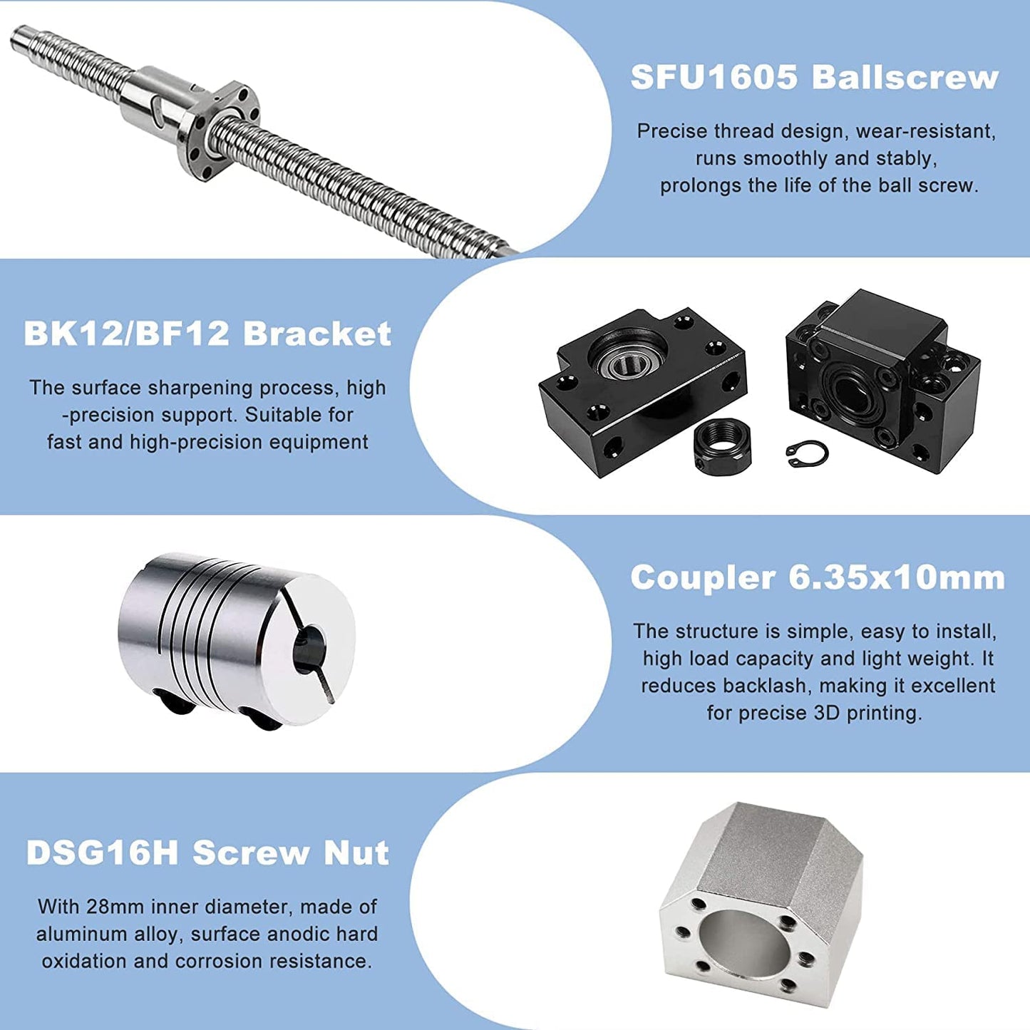 CNCMANS Linear Guide Set includes 2PCS HGR20 800mm linear rail with 4PCS sliding blocks + 1PCS SFU1605 800mm ball screw with ball nut, BF/BK12 end support, coupling, nut housing.