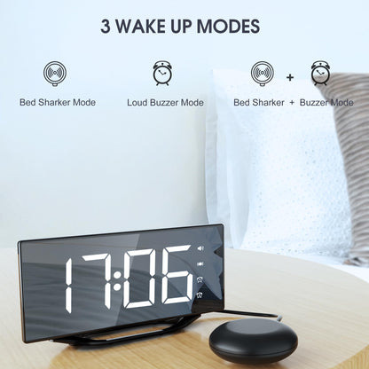 Loud alarm clock with bed shaker for heavy sleepers, digital dual alarm clock with vibration, 8.7'' LED mirror alarm clock for kids, teens, 7 volume levels and dimmer, battery backup, snooze, 12/24H-DST.