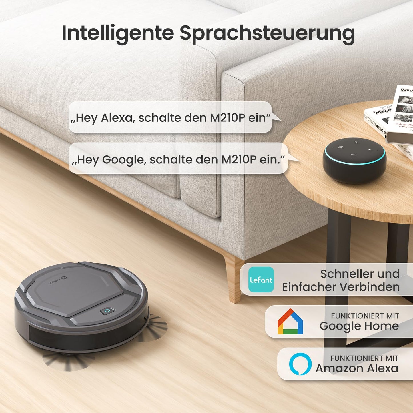LEFANT M210PG robot vacuum with 2200 Pa, WiFi, compatible with Alexa and app control, 120 min runtime, optimized for carpets, pet hair, and hard floors with charging dock.