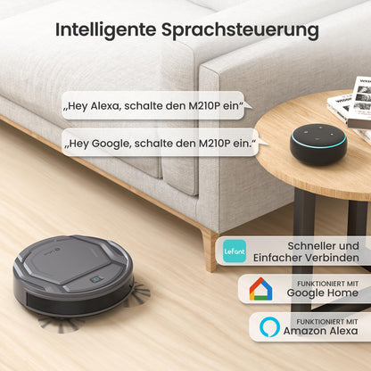 LEFANT M210PG robot vacuum with 2200 Pa, WiFi, compatible with Alexa and app control, 120 min runtime, optimized for carpets, pet hair, and hard floors with charging dock.