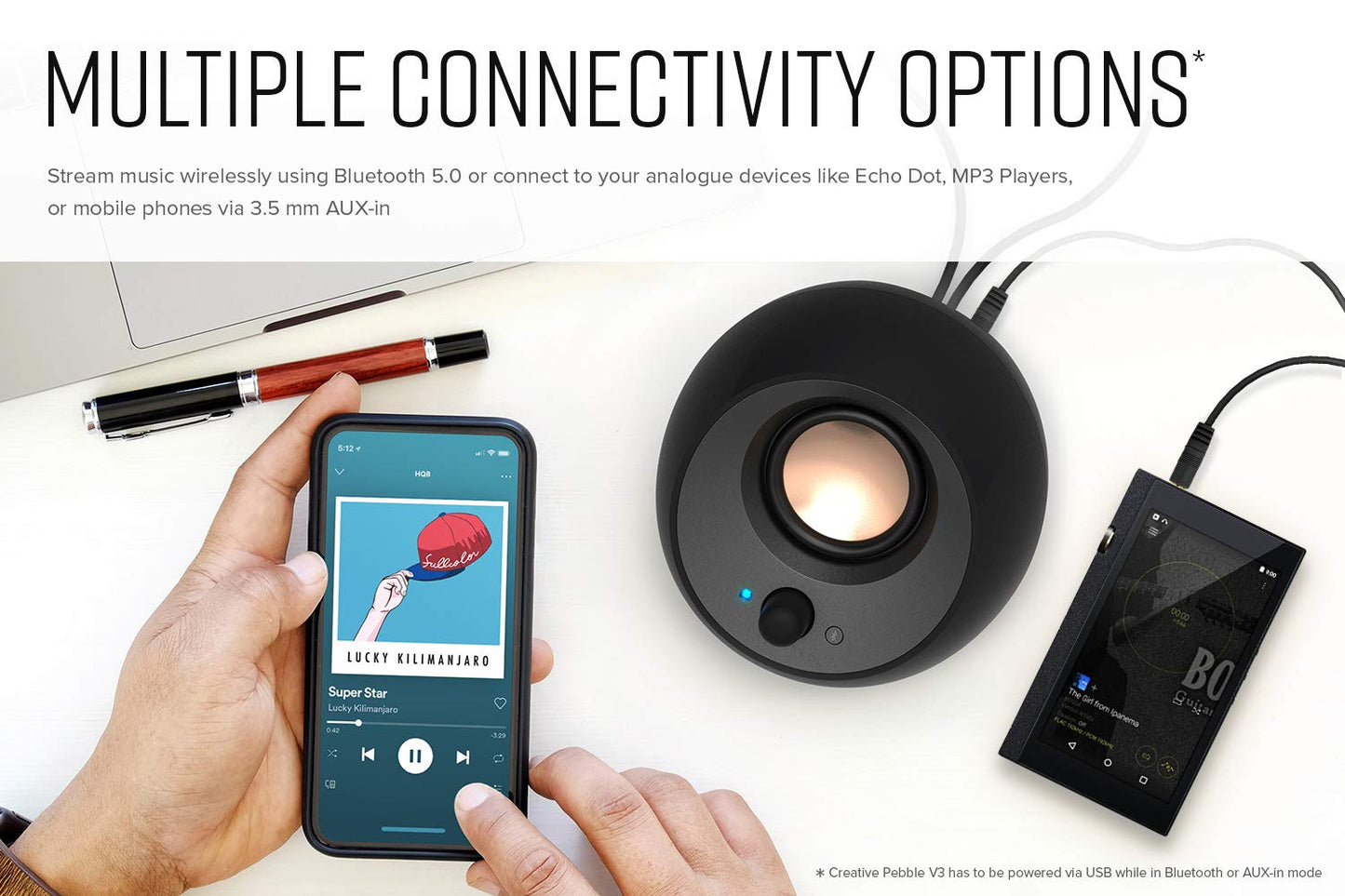 CREATIVE Pebble V3 desktop speakers with USB-C 2.0, USB Audio, Clear Dialog, Bluetooth 5.0, 8W RMS, 16W peak power, and USB-A adapter included (black)