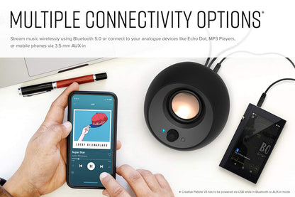 CREATIVE Pebble V3 desktop speakers with USB-C 2.0, USB Audio, Clear Dialog, Bluetooth 5.0, 8W RMS, 16W peak power, and USB-A adapter included (black)