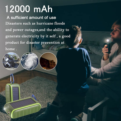 CXYP Powerbank Solar Charger, 12000mAh Hand Crank Power Bank Solar Generator with Dual USB Outputs and Flashlight External Battery for Smartphones, Tablets, and Camping.