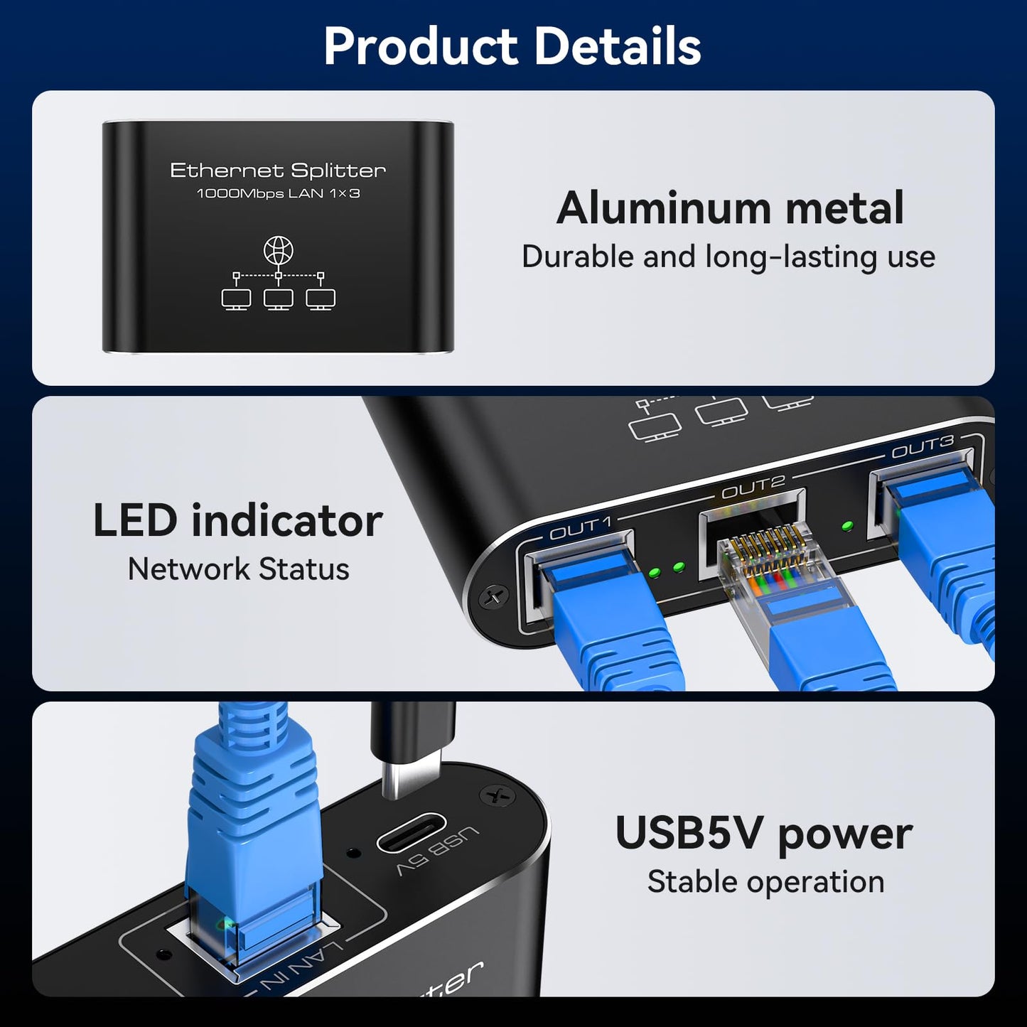 VEDINDUST LAN Switch 1 to 3 1000Mbps Network Splitter Aluminum Gigabit Ethernet Distributor With USB-C Power Cable for Computers, Routers, Set-Top Boxes