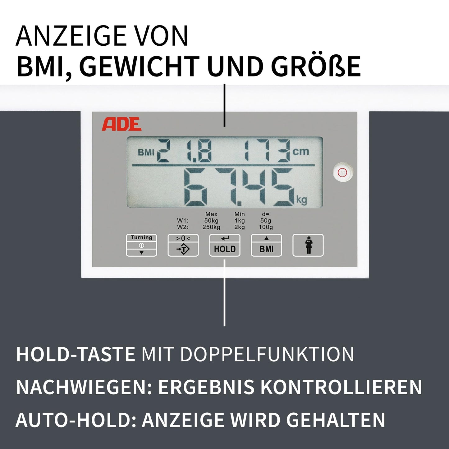 ADE medical personnel scale M320600 professional scale up to 250 kg, extra wide weighing surface, MPG approved, non-calibrated - BMI, hold function, rotatable display